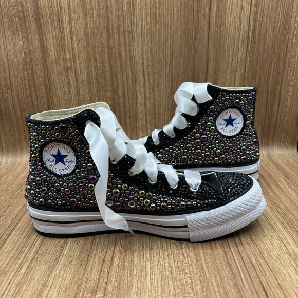 Converse All Star Chucks Custom Bling Wedding High Sneaker Kids 6.5/ Women’s 8 - Picture 1 of 10